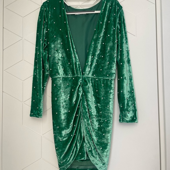 attico green velvet dress Green Velvet Slip Dress | Deep V-neck Long Sleeve Evening Gown | Wedding Guest Dress | Formal Velvet Maxi Dress